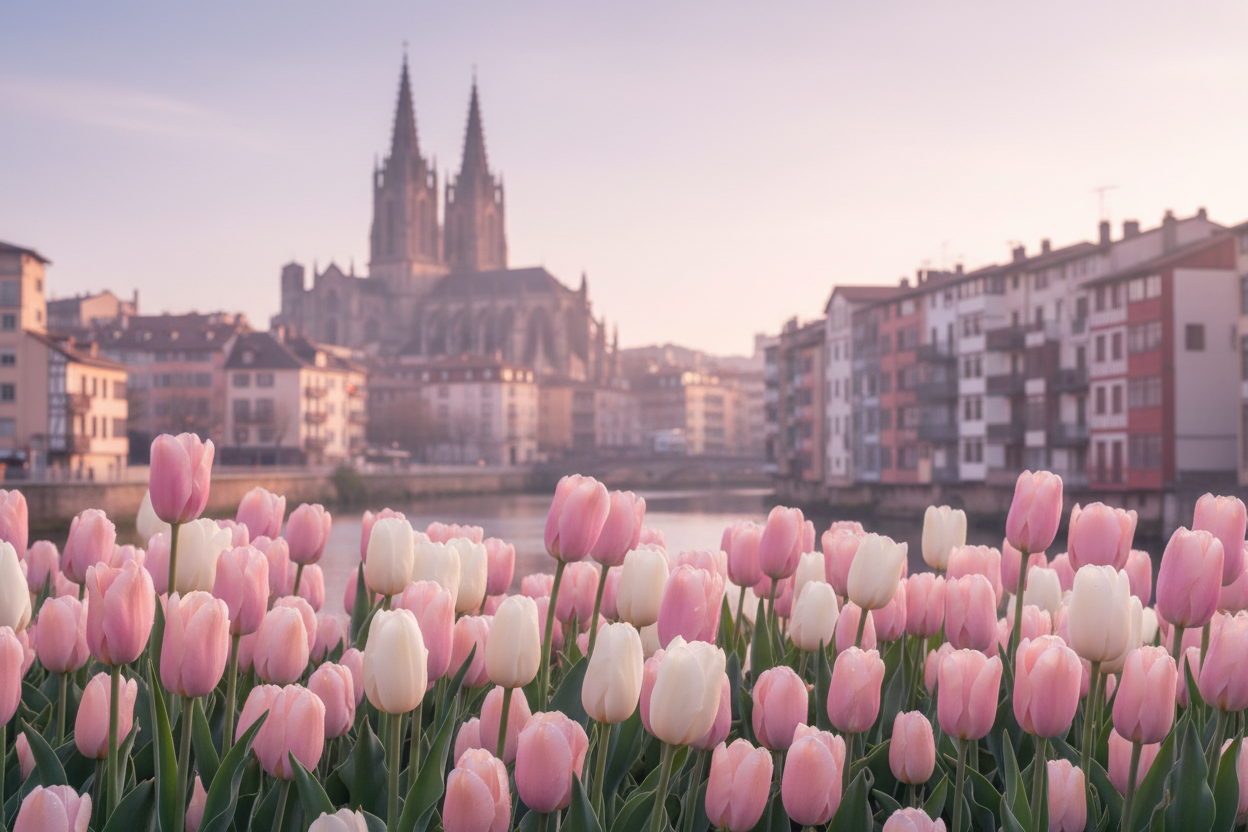 Tulipes avec Bayonne en arrière-plan